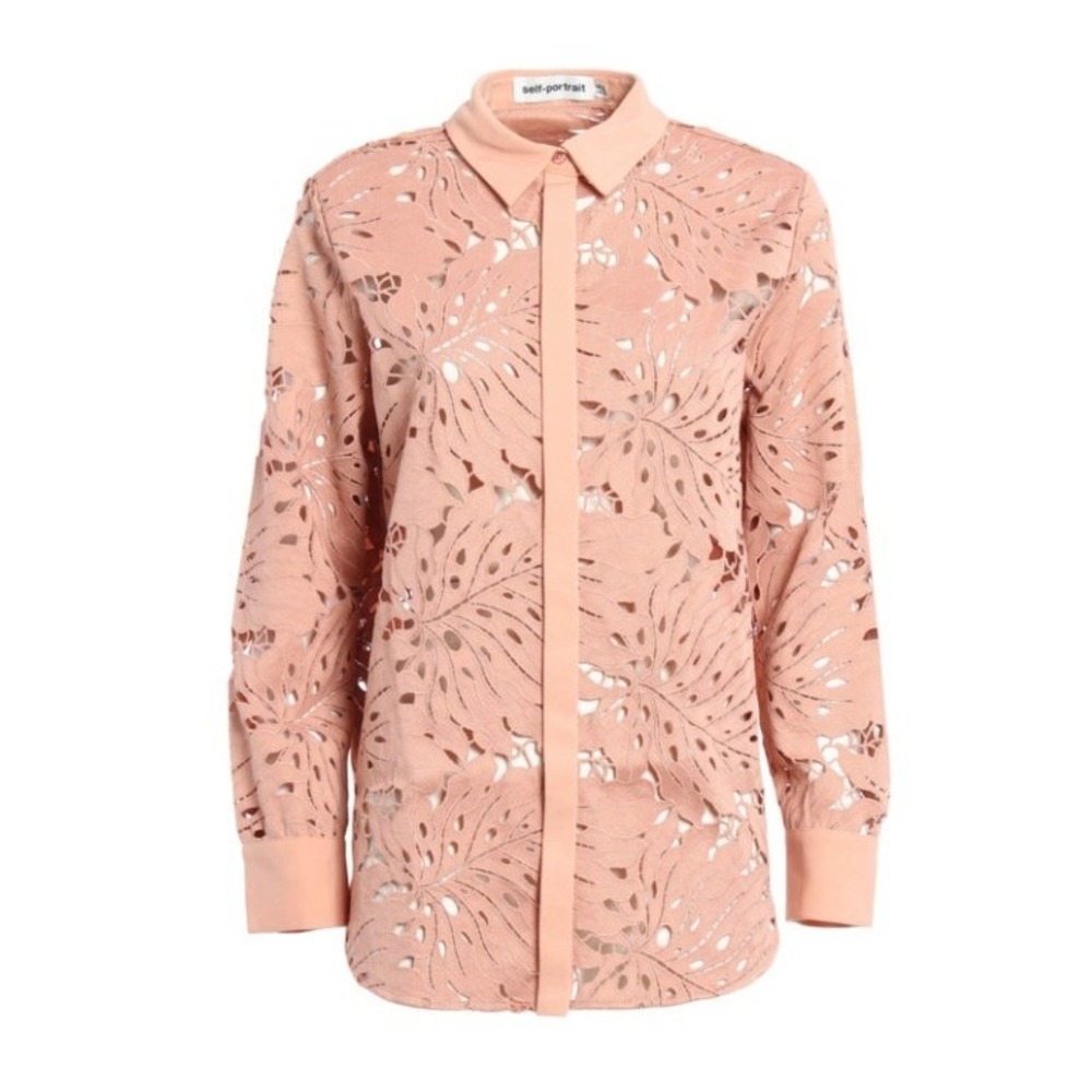 Self Portrait Pink Monstera Lace Button Down Shirt Women's US 2 UK 6 Blush Beige